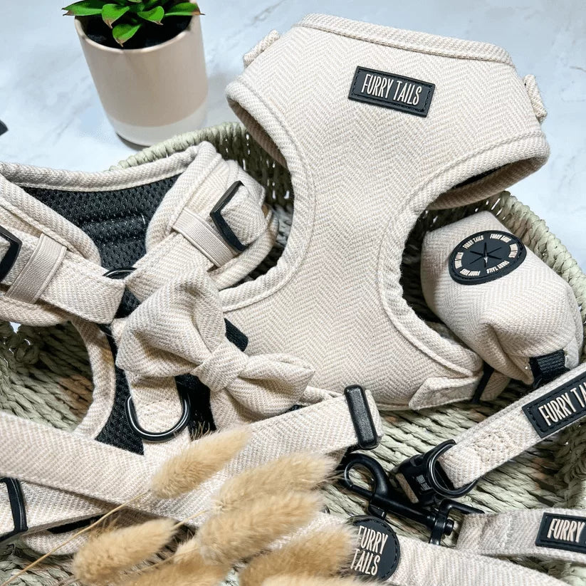 Dog Harness (Full Set) (Cashmere) – Dog Harness, Dog Collar, Dog Lead, Dog Poo Holder, Dog Bow Tie – by Furry Tails